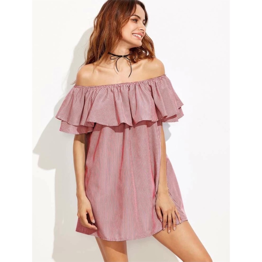 SHEIN FLOUNCED LAYERED STRIPED OFF-SHOULDER DRESS